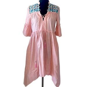 TIKTO Athens embroidered asymmetrical pink cotton midi dress